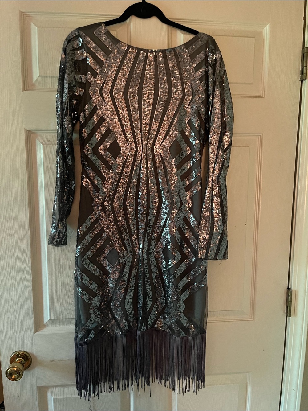 Unique Vintage Silver Sequin Fringe Long Sleeve Flapper Dress